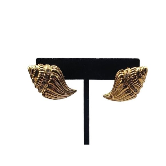 KjL Conch Shell Post Earrings Gold Tone For Avon Rhinestones Vintage 1980s - Picture 10 of 15